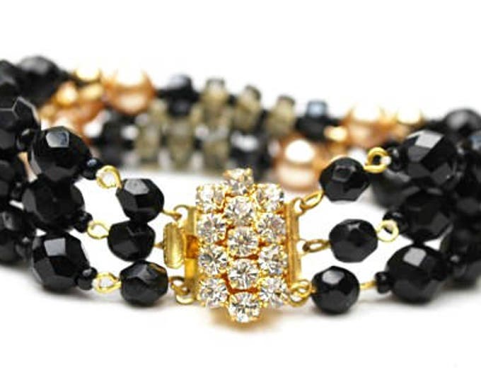 Rhinestone Bead Bracelet - Triple strand - Black Glass -Rhinestone Clasp - Glass bead - pearl gold