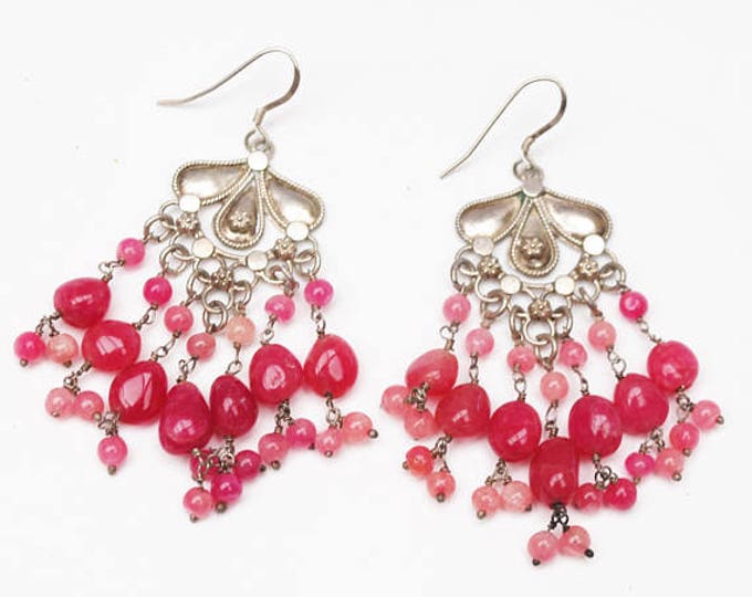 Red Chandalier Earrings - genuine Ruby red gemstone - sterling silver dangle hooks