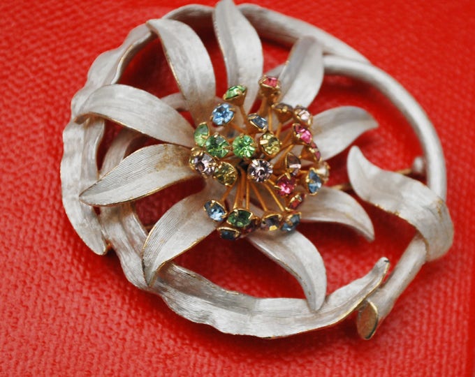 Enamel flower Brooch - white enamel on gold - colorful rhinestones -Floral pin