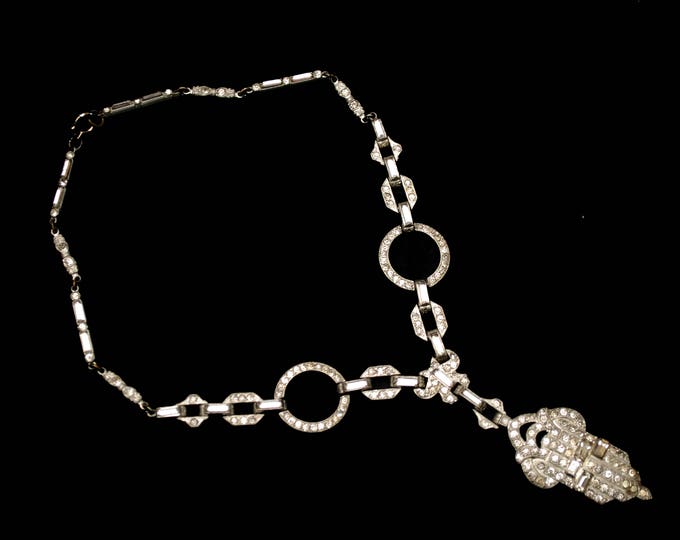 Art Deco Rhinestone necklace - Silver Pot metal - Geometric shape links -Vintage paste pave crystal