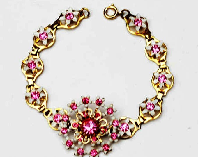 Vintage Flower Bracelet and Earring - Pink rhinestone - white Enamel Gold metal Floral jewelry set