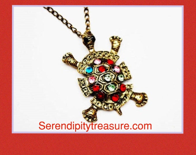 Turtle Pendant Necklace - colorful red pink blue and green Glass Rhinestone - 26 inches