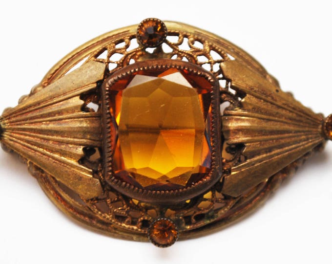 Amber Citrine Glass Brooch - Gold Filigree Gilt Brass - orange Crystal - Vintage Pin