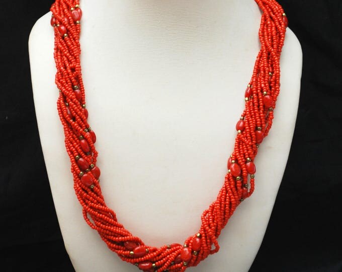 Orange Bead necklace - Multi strand Torsade - Glass cite plastic beads