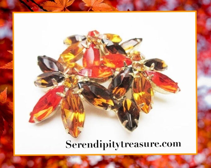 Rhinestone Brooch - Brown orange and Citrine - Domed - Floral Flower pin