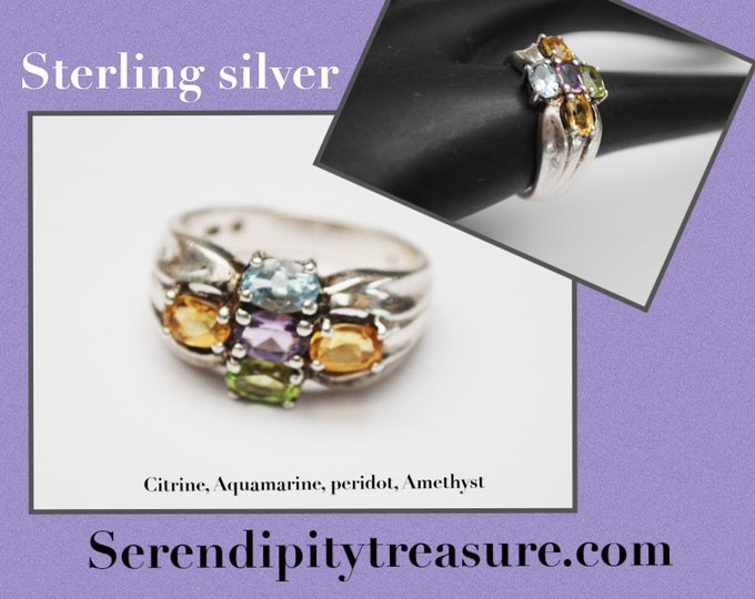 Multi gemstone ring - Sterling silver - Amethyst Citrine Peridot Aquamarine -purple yellow blue green stone ring size 10 - Signed PD