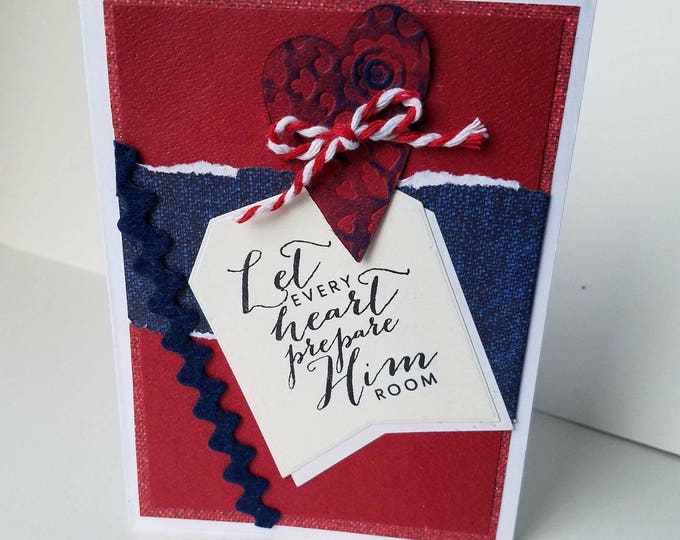AMERICAN CHRISTMAS, Set 10 Handmade Christmas Cards, Let Every Heart, Rustic Christmas, Red White Blue Armed Services Card,Military Discount