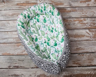 Baby nest, baby lounger, baby change pad, cactus, green, B&W