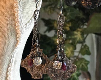 Antique assemblage earrings religious medal vintage rhinestones rubies OOAK