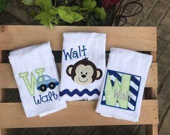 Monkey themed baby gift, monkey, transportation, personalized burp cloths, baby boy, baby gift, burp cloths