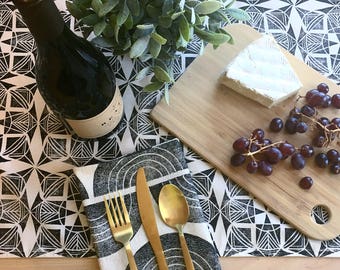 Aztec Sun Table Runner - Geometric Pattern Table Linens - Black and White Table Runner