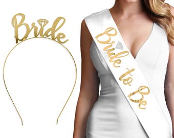 Gold Bride Set - Luxury Satin sash & Metallic Gold Bride Headband, Bride Gift, Bridal Shower Gift, Bachelorette Party Sash, diamond tiara