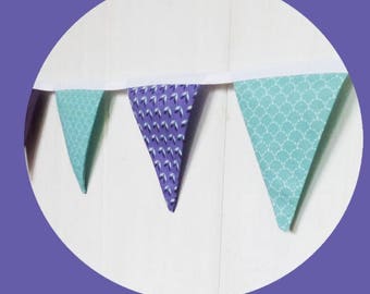 Garland 10 Mint green fabric flags pattern scales and purple.