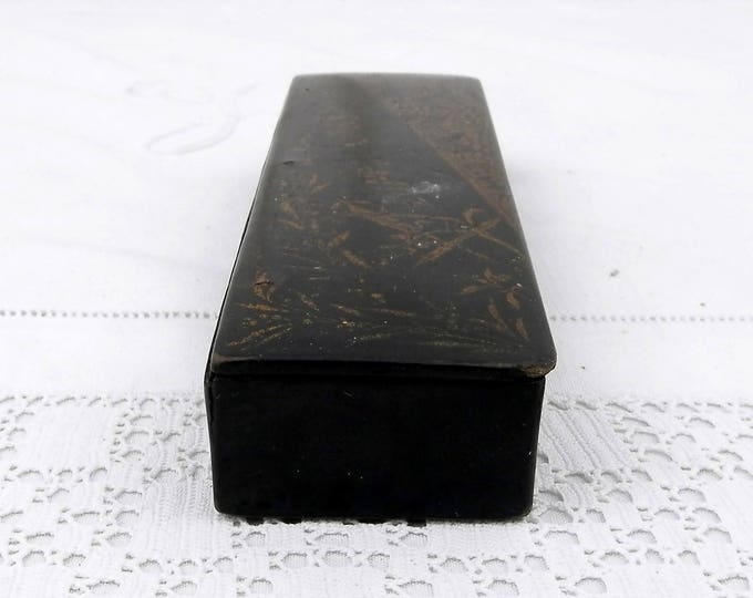 Antique Napoleon III / 3 Black Lacquer and Gold Gilt Carton Bouilli / Papier Mache Pencil and Fountain Pen Box, French Pen Holder, Desk