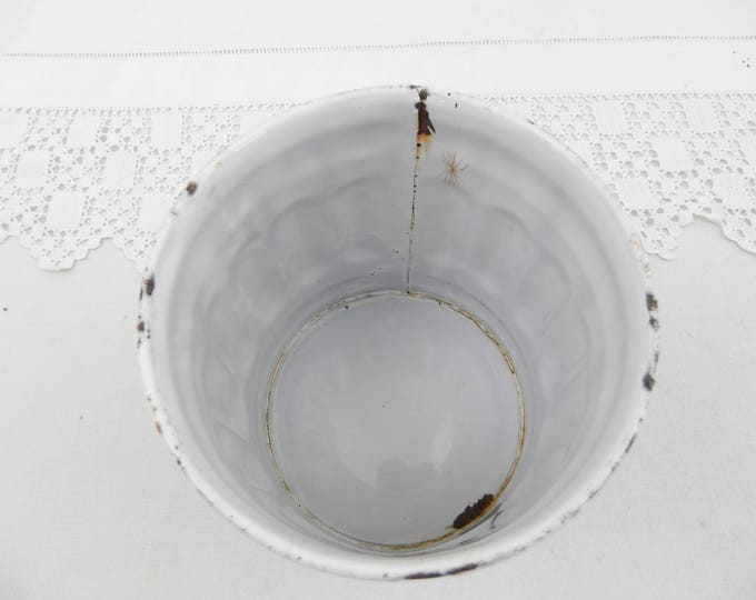 Antique French Chippy White and Blue Marbled Enamel Sugar Canister with Gothic Lettering, French Country Kitchen Enamelware Decor