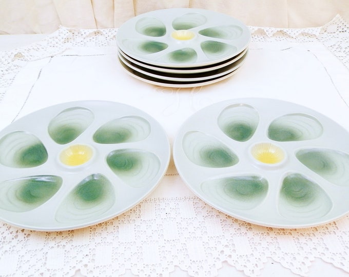 2 Vintage Mid Century Green and Yellow French Oyster Plates by Salins, Pair Seafood / Shellfish Accessory, Retro 1960s Serving Plate, Food 2 Vintage Mid Century Green and Yellow French Oyster Plates by Salins, Pair Seafood / Shellfish Accessory, Retro 1960s Serving Plate, Food