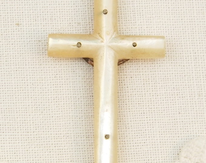 Vintage French Mother of Pearl and Silver Plated Crucifix, French Catholic Cross Made of Nacre with Metal Jesus, Religious Jewelry