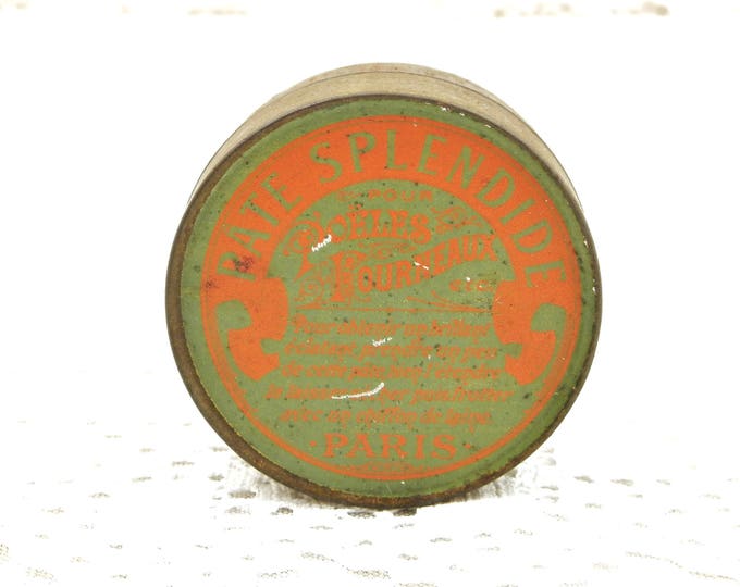 Antique French Metal Tin with Belle Epoque Graphics in Orange and Green Range Paste "Pate Splendide" from Paris, Polish Box from France