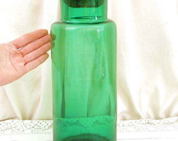 Tall Antique Large Blown Green Glass Apothecary Jar with Cork Stopper, Chemist's Storage Container from France, Retro Shop Display Piece