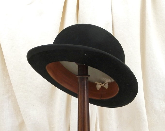 Antique French Barely Used Black Woolen Felt Bowler Hat made by Pineau in Paris, Original Head Wear from France, Brocante Vintage Clothing