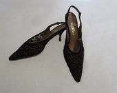 Vintage Shoes - 1950s Shoes - Black Lace Mesh Stiletto Heel Shoes With Sling Back - Size 10B