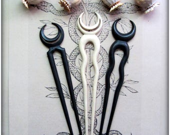 Wooden Hair Stick Crescent Moon ~ Wood Hair Pin ~ Moon Phase Lunar Phase ~ Witchy Occult Wiccan Viking Goddess ~ Belly Dance Hair Lagertha