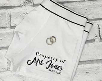 Personalised Groom boxers. Mens briefs, wedding day boxer. Property of Mrs boxers. Humour gift. Personalised underwear. Mens boxers.