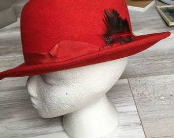 Vintage Red Trilby Hat with Feather detail, made in England