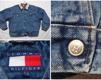 RESERVED Vintage Retro Men's 90's Tommy Hilfiger Denim Jacket Blue Jean Corduroy Collar Flannel Lined Large
