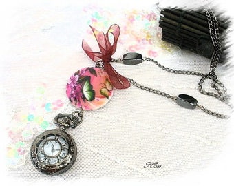 vintage mother of Pearl Butterfly SO566 Pocket Watch necklace