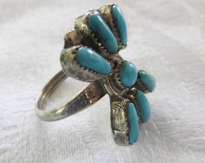 Vintage Zuni Ring, Sterling Turquoise Petit Point Ring, Native American, Old Pawn Jewelry