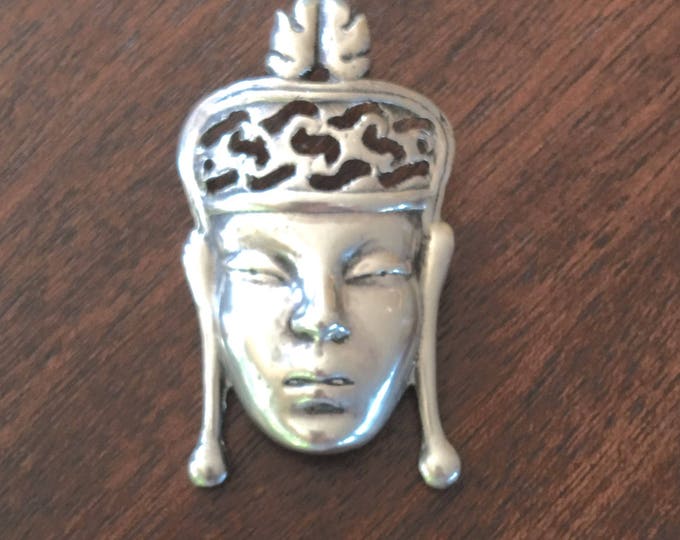 Sterling Asian Face Brooch, Sterling Silver Asian Princess Pin, Figural Asian Queen
