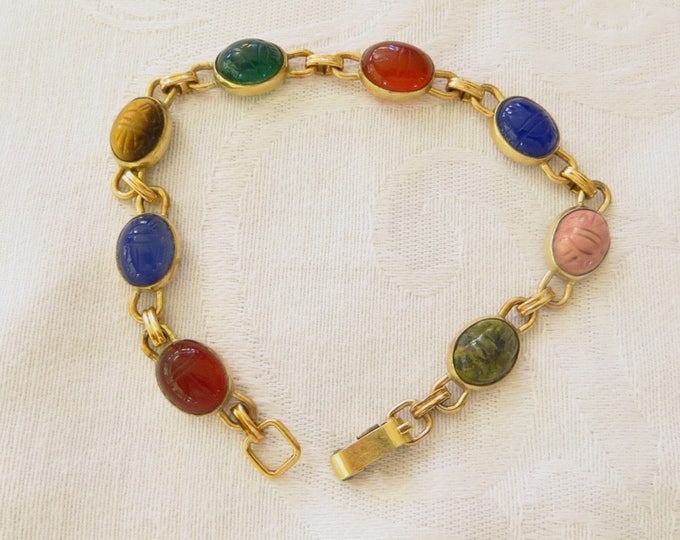Vintage Scarab Bracelet, Beetle Cabochons, Link Bracelet, Egyptian Revival, Egyptian Jewelry