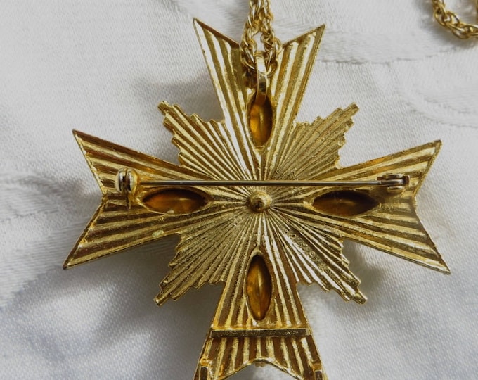 Maltese Cross Brooch, Maltese Cross Pendant, 28 inch Chain, Malta Cross, Vintage Heraldic Jewelry