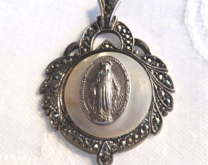 Vintage Art Deco Religious Brooch, Sterling Silver Marcasite Mother of Pearl, Virgin Mary Pin, Blessed Mother Pin, Vintage Religious Jewelry