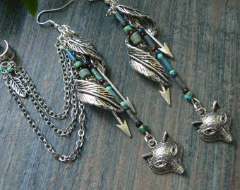 wolf earrings, wolf cuff SET, fox earrings,fox cuff,woodland elfin ear cuffs, tribal feather cuff, boho chic, festival jewelry, hippie gypsy