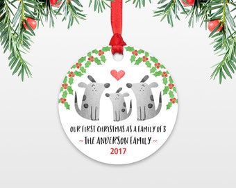 Dog New Baby Christmas Ornament New Baby Gift Christmas Family Ornament Our First Christmas as a Family of Three 3 Dog Personalized Ornament