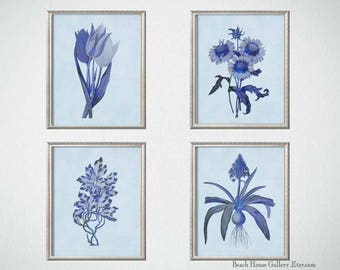 Blue White Botanical Wall Art Set of 4 Prints Blue Botanical