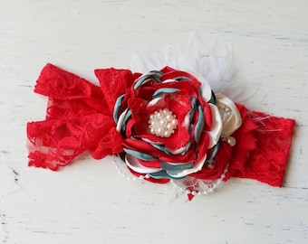 Christmas couture headband , baby red headband, photography prop, cake smash , vintage headband hoilday headband