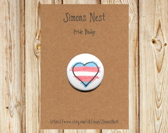 Transgender Pride Rainbow Heart Badge - LGBT 25mm 1" Button Pin Badge - Hand Drawn Rainbow LGBTQ Love Heart Flag Accessory