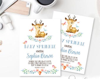 Baby Sprinkle Invitation Woodland Deer Whimsical Printable Baby Boy Sprinkle invitation cards Floral Baby Boy Shower DIGITAL FILES, BS2