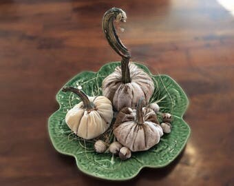 Ornate Gold & Cream Velvet Pumpkins and Acorns, Set of 3 Velvet Pumpkins/ 7 Acorns - Real Stems, Thanksgiving, Holiday Decor, Special Gift