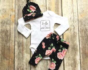 Newborn coming home outfit, hello world onesie outfit, baby shower gift