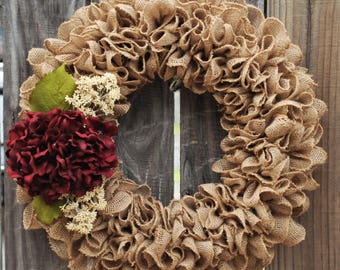 Burlap Ruffle Wreath, Modern Farmhouse Wreath, Rustic Wreath, Hydrangea Wreath, Year Round Wreath, Fall Wreath, Autumn Wreath, Everyday
