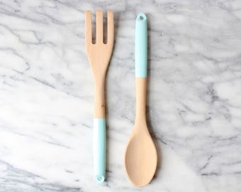 Robin Egg Blue Wood Kitchen Utensil Set | Wood Salad Serving Set | Painted Wooden Spoon and Fork | Cooking Utensils | Salad Tongs
