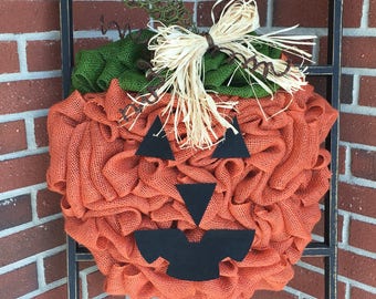 Pumpkin Wreath, Jack O' Lantern, Burlap Wreath, Fall Wreath, Front Door Wreath, Handmade Wreath, Halloween Wreath, Burlap Decor