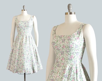 Vintage 1950s Dress | 50s Floral Print Cotton Sundress Light Blue Full Skirt Day Dress (small)