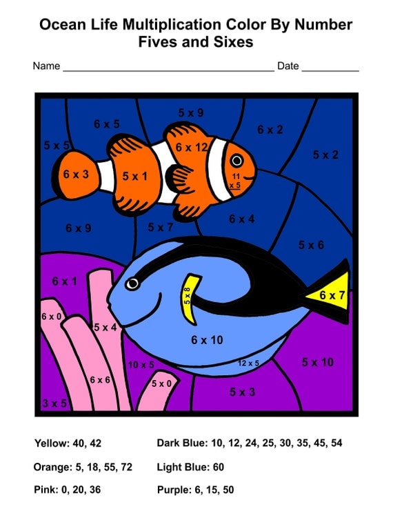 Ocean Life Multiplication Color By Number Worksheets