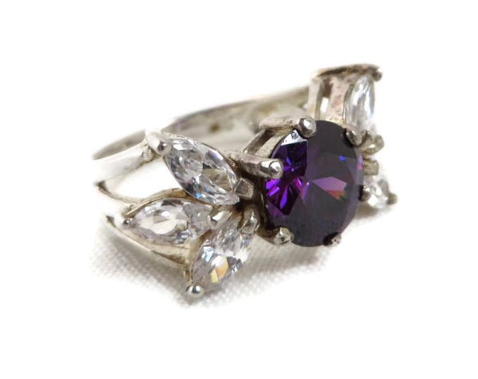 Amethyst Sterling Silver Ring, Vintage Amethyst, CZ Cocktail Ring, Size 6, FREE SHIPPING