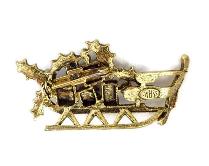 Vintage Brooch - Weiss Sleigh Brooch, Xmas Gift Brooch, Rhinestone Sleigh Pin, Gift Laden Holiday Brooch, Santa's Sleigh Pin